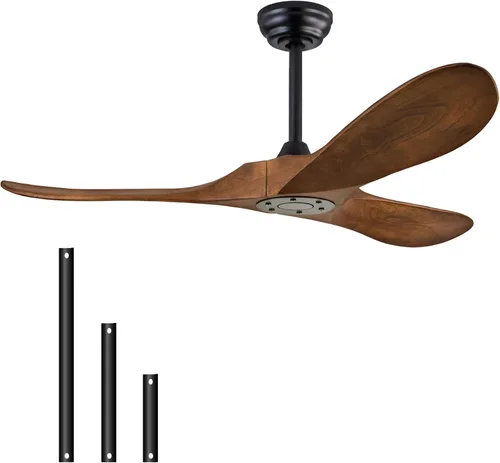 Miniatura 9 de Ventilador de techo de 52 pulgadas sin luz, con control remoto, motor CC reversible, con 3 aspas de madera maciza, para patio, sala de estar, Nogal
