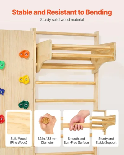 Miniatura 4 de VEVOR Escalera Sueca de Pared para Gimnasio, 9-en-1 Barras de Gimnasia de Madera Sólida de 12 Niveles para Niños y Adultos, Gimnasio de Selva