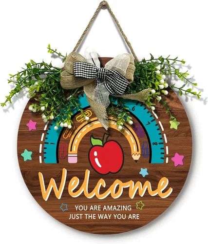Miniatura 9 de Señal de puerta de maestro para aula Dacawin Señal de puerta de aula de madera para maestros Guirnalda de arco iris para puerta de aula Placa