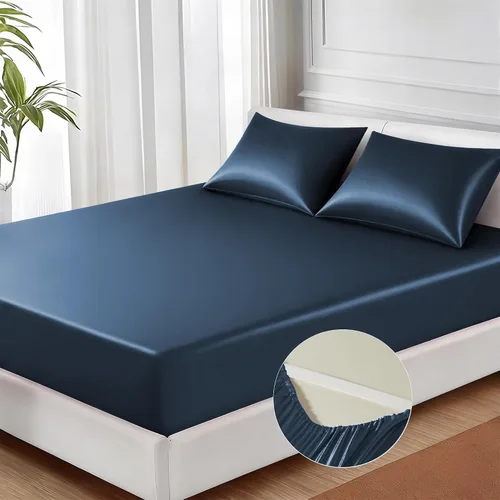 Miniatura 17 de MR&HM Sábana bajera de satén tamaño individual, sábana inferior sedosa con correas elásticas en las esquinas, bolsillo profundo de hasta 15