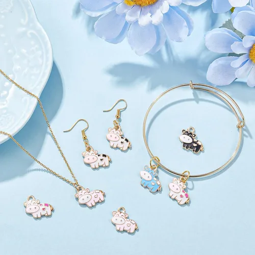 Miniatura 3 de Hicarer 50 dijes de vaca coloridos esmaltados lindos colgantes para hacer joyas, aretes, collares, dijes para pulseras, collares, aretes, llavero