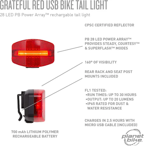 Miniatura 7 de Planet Bike Luz trasera de bicicleta USB roja de Grateful 4.5 x 2.25 x 2.75