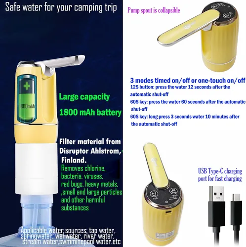 Miniatura 2 de CoolWAY Botella de agua eléctrica plegable de 2 a 5 galones con filtros reemplazables - Filtro de agua portátil para camping, al aire libre, hogar