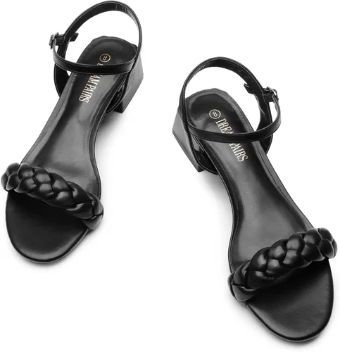 Miniatura 23 de DREAM PAIRS Zapatos de tacón bajo para mujer con correa de tobillo y puntera abierta trenzada, tacón grueso, sandalias de tacón grueso para fiestas
