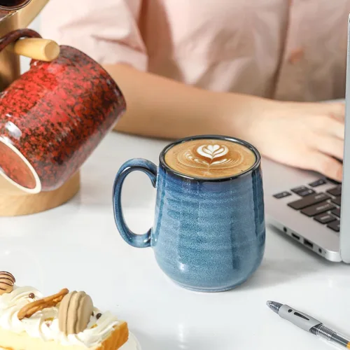 Miniatura 6 de Juego de 4 Tazas de Café de HASENSE, Tazas de Cerámica de 12 Oz con Mango Grande, Juego de Tazas Rústicas Coloridas para Café, Té, Coco, Café