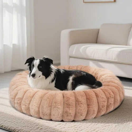 Miniatura 16 de Cama en forma de dona para perros y gatos, lujosa y cómoda cama de pelo sintético de conejo para mascotas, cama redonda antiansiedad calmante
