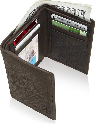Miniatura 43 de Billetera de triple pliegue con RFID, cuero genuino, delgado, con ventana de identificación, bolsillo frontal, regalo para hombre