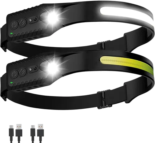 Nessciera Linterna frontal recargable (paquete de 2), linterna de cabeza LED, luz de diadema de haz ancho de 230°, 400 lúmenes súper brillante, Negro