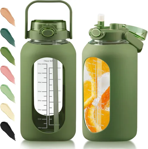 Miniatura 10 de Botella de agua de vidrio de 74 onzas con tapa de popote 2 en 1, botella de agua de galón grande con marcador de tiempo y funda de silicona