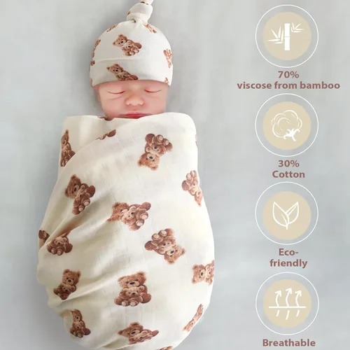 Miniatura 2 de LifeTree Mantas de muselina para envolver al bebé, juego de manta de muselina para bebé y gorro con tarjeta de anuncio de nacimiento, mantas de Oso
