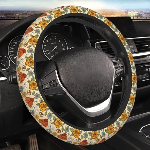 Funda de volante vintage floral hippie de los 70, diseño de hongo retro, cubierta de volante de neopreno antideslizante para mujeres, hombres y