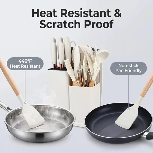 Miniatura 6 de Juego de utensilios de cocina de silicona de 19 piezas, herramientas de cocina resistentes al calor, cuchillos de acero inoxidable con asas de Blanco