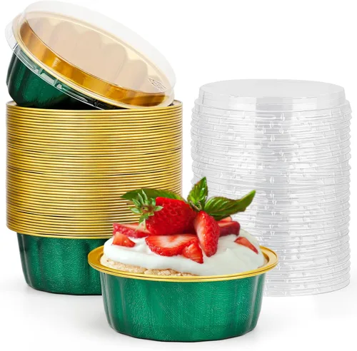 Miniatura 51 de Beasea Ramequines con tapas, 8oz 50 unidades de tazas de aluminio desechables para hornear, tazas de papel de aluminio plateado para creme brulee