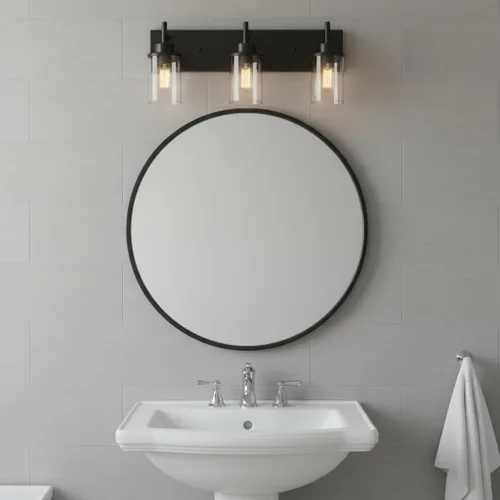 Miniatura 5 de Lámparas de tocador, lámparas de baño negro mate sobre el espejo, lámpara moderna de apliques de pared con pantalla de vidrio transparente (3 luces)