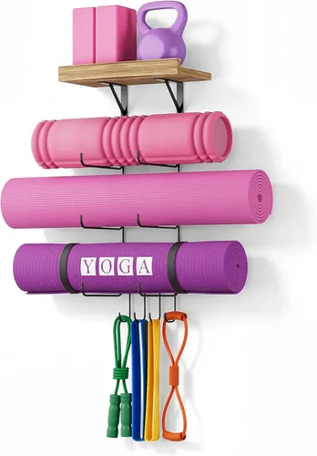 Bikoney Soporte para Esterilla de Yoga Montaje en Pared Almacenamiento de Esterilla de Yoga Accesorios de Gimnasio en Casa con Estantes Flotantes de