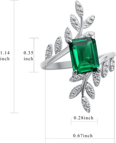 Miniatura 6 de MayaRuth Anillo cruzado único de plata de ley 925 con piedras preciosas de esmeralda creadas y simuladas, hoja de plumas de cóctel, vintage, largo