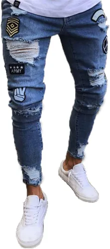 Pantalones de mezclilla ajustados para hombre, ajustados, rasgados, ajustados, desgastados, con agujeros rasgados
