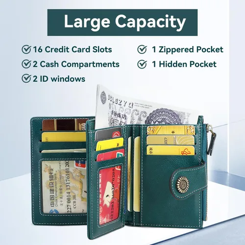 Miniatura 3 de Cartera pequeña de piel plegable para mujer, de gran capacidad, con bloqueo Rfid, con cremallera, con 16 ranuras para tarjetas y 2 ventanas