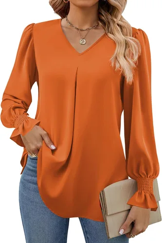 Miniatura 20 de Funlingo Blusas de mujer con mangas largas 2025, elegantes y casuales, con cuello en V, túnica suelta de gasa para el trabajo