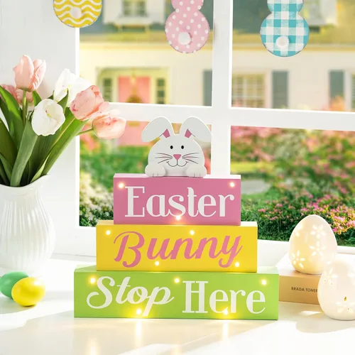Miniatura 2 de Glitzhome Letrero de mesa de madera con luz LED, diseño de conejito de Pascua con texto para primavera, suministros de fiesta de Pascua
