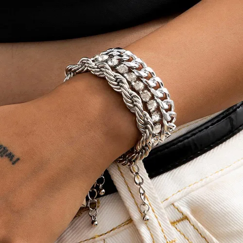 Miniatura 3 de Octwine Juego de pulseras de diamantes de imitación de moda para mujer, oro y plata, con colgante grueso, cadena apilable, brazalete ajustable