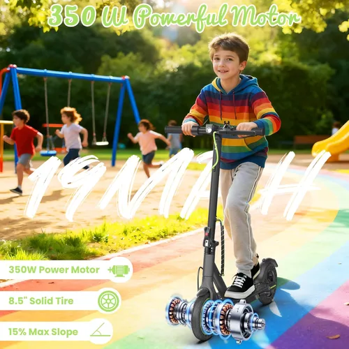 Miniatura 3 de WERHY Scooter eléctrico plegable para niños, motor de 350 W, alcance máximo de 12/16 millas, velocidad máxima de 19 MPH, neumático sólido de 8.5