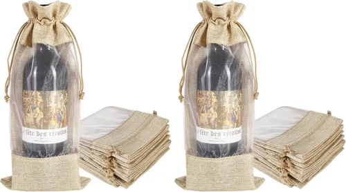 Miniatura 8 de HRX Package 10 piezas de bolsas de vino de arpillera con ventana transparente, bolsas de regalo de botella de tela de arpillera con cordón