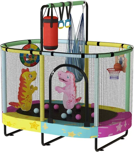 Miniatura 14 de Lamerge Kids Trampoline, Toddler Bouncing Trampoline with Safety Enclosure Net, ASTM-Approved, 500lbs Capacity, Ages 1-8, Adjustable Handrail