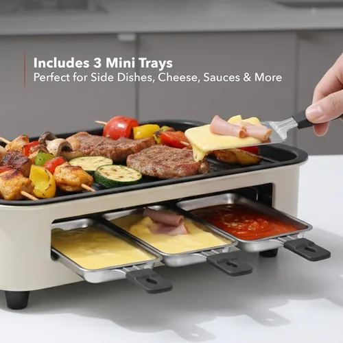 Miniatura 6 de OVENTE Parrilla eléctrica 2 en 1 para interior, parrilla coreana sin humo de 1500W con placa de cocción extraíble antiadherente, 3 sartenes