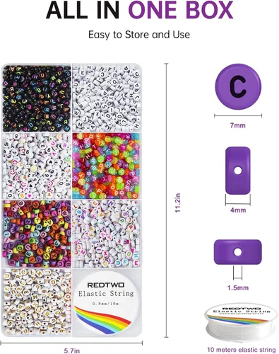 Miniatura 4 de Redtwo Kit de 1600 cuentas de letras, 6 estilos de cuentas coloridas del alfabeto para pulsera, cuentas de cara sonriente con números y cuentas