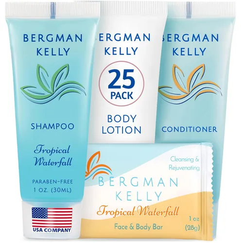 Bergman Kelly - Paquete de artículos de tocador de hotel - Cascada tropical, 1 oz cada uno, 100 piezas - Juego de 4 piezas: 25 jabón en barra