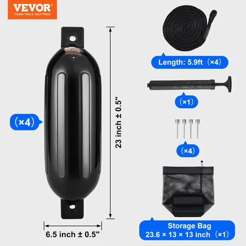 Miniatura 7 de VEVOR Boat Fenders, 5.5" x 20" Boat Bumpers for Docking, Inflatable Ribbed Fender with Center Holes, Marine Boat Dock Fender Bumper with Air Pump