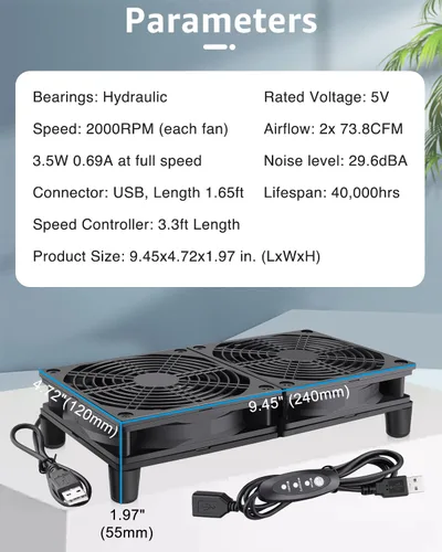 Miniatura 2 de GDSTIME Enfriador de ventilador silencioso con control de 3 velocidades, L/M/H, CC 5 V alimentado por USB dual 4.724 in ventilador de caja