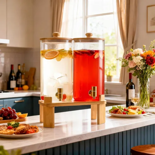Miniatura 2 de Paquete de 2 dispensadores de bebidas de vidrio de 1.5 galones para fiestas, dispensador de bebidas con soporte de madera, dispensadores de agua