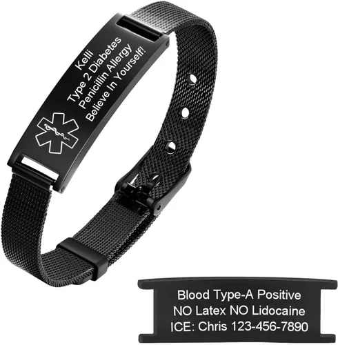 Miniatura 5 de Pulseras personalizadas de alerta médica para hombres, mujeres y niños, grabado gratuito, malla de acero inoxidable ajustable, pulsera