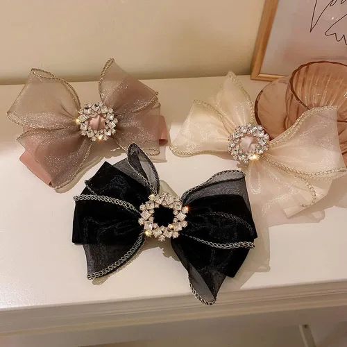 Miniatura 5 de Jumwrit Pinza para el pelo con lazo grande, pasador de pelo con diamantes de imitación, sujeción fuerte, lazo de malla para el cabello, accesorios
