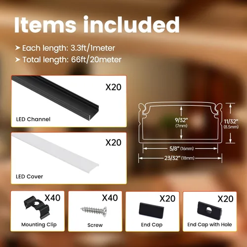 Miniatura 2 de Muzata Paquete de 20 canales LED de aluminio negro con cubierta blanca lechosa U102 BW 1M