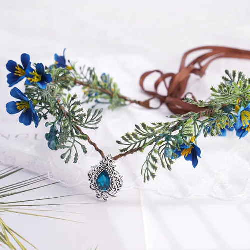 Miniatura 4 de MOSTORY Corona de flores de hada del bosque, tocado floral de elfo azul con tiara de cristal elfo, hecha a mano para mujeres y niñas, diadema