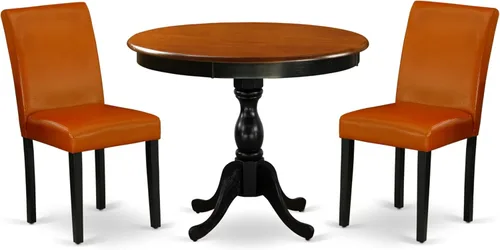 East West Furniture AMAB3-BCH-61 - Juego moderno de 3 piezas antiguo que contiene una mesa de cocina redonda con pedestal y 2 sillas de comedor