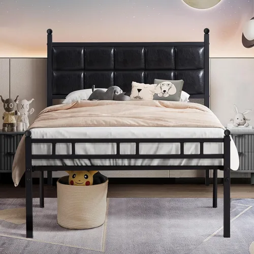 Miniatura 9 de VECELO Base de cama matrimonial, cama tapizada con cabecera de piel sintética, soporte de listones de metal fuerte, sin ruido, no necesita somier
