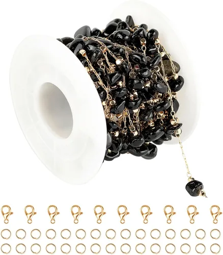 KYUNHOO Cadenas de joyería de piedra natural de 16.4 pies a granel, cadenas de piedras irregulares negras para collares, tobilleras chapadas en oro,