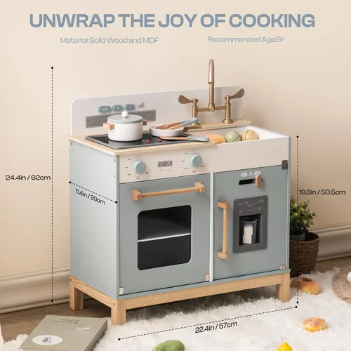 Miniatura 7 de ROBOTIME Juego de cocina para niños pequeños, juego de cocina de madera para niños con luces y sonidos reales, dispensador de cubitos de hielo, Azul