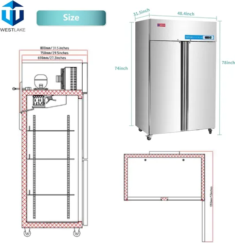 Miniatura 3 de WESTLAKE Refrigerador comercial de 48 "W 2 puertas 2 secciones de acero inoxidable Alcance en puerta sólida Ventilador vertical Enfriador de 36 pies