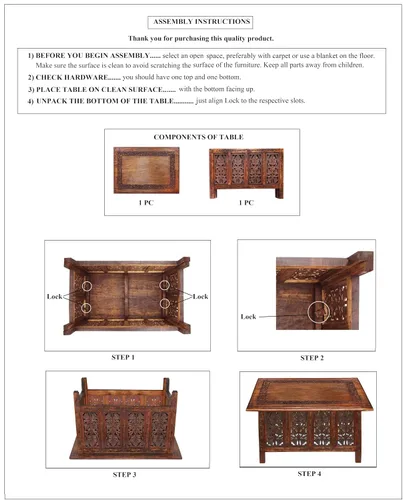 Miniatura 7 de COTTON CRAFT Mesa de centro de madera maciza, mesa central tallada a mano con patas plegables, mesa decorativa para sala de estar, espacios