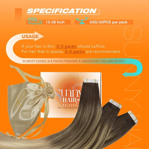 Miniatura 5 de Sunny Hair - Extensiones de cabello humano para mujer, con cinta adhesiva, Remy, castaño oscuro ombré, rubio dorado oscuro con efecto balayage