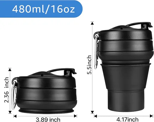 Miniatura 2 de Paquete de 2 tazas de café plegables de silicona de 16 onzas, 16.2 fl oz, a prueba de fugas, botella deportiva portátil con tapas para senderismo