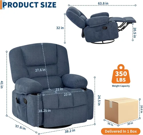 Miniatura 2 de Silla reclinable ancha de gran tamaño, masaje de calor y vibración, silla mecedora giratoria de 360° para adultos, silla reclinable manual de tela