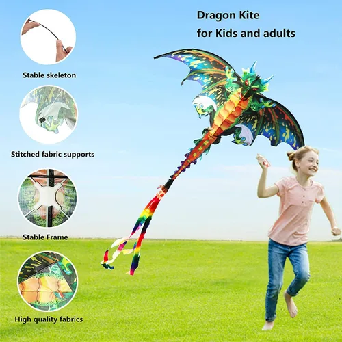 Miniatura 4 de eyijklzo Cometa de dragón verde hermosa y fácil de volar para niños y adultos con cola larga y colorida, accesorios fáciles de volar