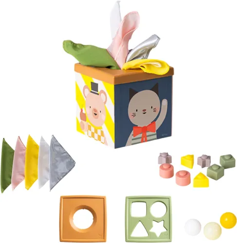 Miniatura 13 de Taf Toys Caja de Pañuelos Sensoriales Arrugados para Niños Pequeños. Juguete STEM Montessori con Pañuelos Suaves Coloridos y Mantitas Crujientes