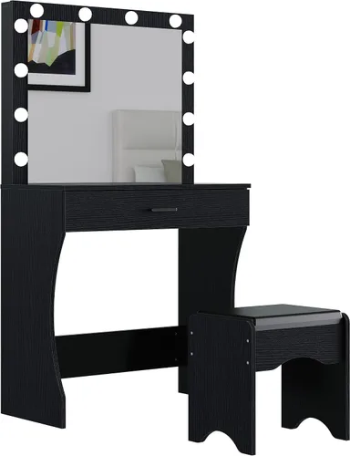Panana Escritorio de tocador con espejo y luces, negro, tamaño mediano, soporte de mesa, mesa de tocador de maquillaje con taburete, dormitorio